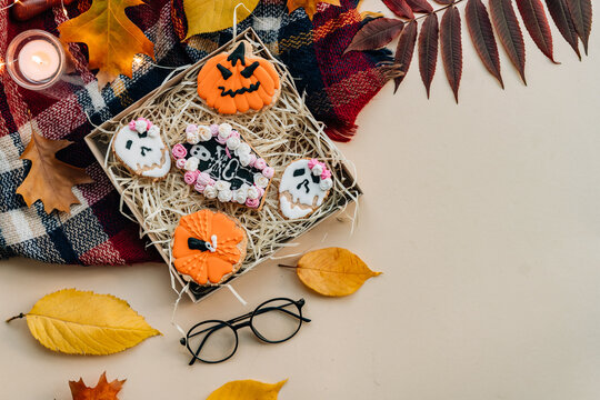 Top view of box with halloween cookies