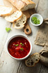 Traditional homemade beetroot soup with fresh parsley