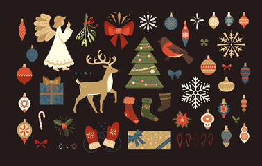 Merry Christmas and Happy New Year Retro Elements. Christmas Balls, Angel, Deer, Socksm Snowflakes, Gifts, Christmas Trees