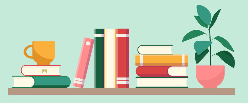 A stack of books on a table with a cup and a home plant in a pot. Remote education. Reading books. Vector illustration in a flat style.