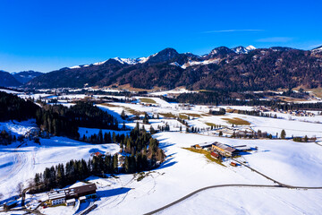 Aerial view, view of farms in the Leukental, Kössen, Kaiserwinkl, Kitzbuehel district, Chiemgau, Tyrol, Austria