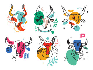 Set of drawn bull's. Abstract contemporary modern trendy vector illustration. Every pattern is isolated new year 2021  - 386634180