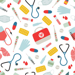 Vector seamless pattern with medical devices, pills, protective medical masks, and gloves. Medical seamless texture isolated on white background. 