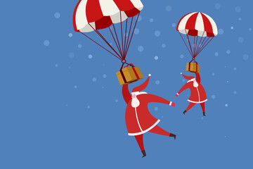 Santa Clauses with a gifts flying in hot air balloons 