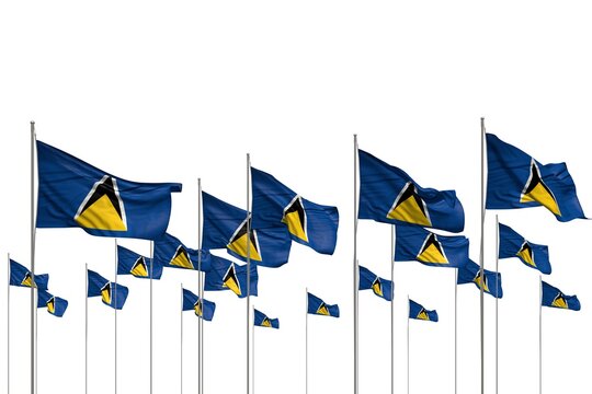 nice any celebration flag 3d illustration. - many Saint Lucia flags in a row isolated on white with free space for text