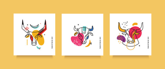 A set of hand-drawn thin line bulls. Modern trends in illustration. Social media cards. - 386634936