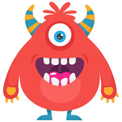 A one eyed red monster with small horns on head and open mouth, furry fuzzy monster   © Vectors Market