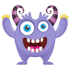 
A small horrifying creature with bulging eyes, horns and up hands representing alien victory monster 
