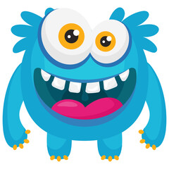 
A horrible faced blue monster with bulging eyes and folded sharp horns, horned monster 

