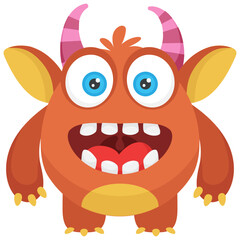 
A one eyed red monster with small horns on head and open mouth, furry fuzzy monster 

