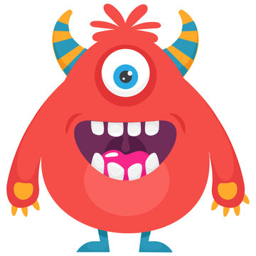 
A One Eyed Red Monster With Small Horns On Head And Open Mouth, Furry Fuzzy Monster 
