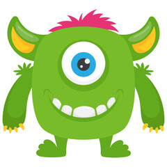 Fototapeta premium Green colored short bodied monster with horns and outcoming teeth, oni green monster 