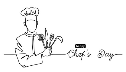 Happy Chefs Day simple vector web banner, border, background, poster. Lineart illustration with text Chefs Day. One continuous line drawing.