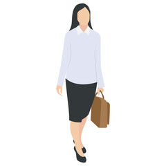 
Lady wearing skirt and blouse with collars carrying purse in hand waking to a meeting, displaying business woman character 
