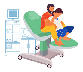 Pregnancy preparing, wife and husband make a position check sitting on a medical chair. Exercising for pregnant woman, giving birth position. Female character waiting for childbirth with caring man