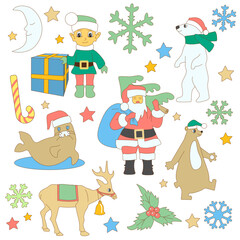 set consisting of an elf with a gift, Santa Claus carrying a Christmas tree, a white and brown bears, a deer and a fur seal surrounded by the moon, stars, mistletoe and snowflakes, vector clip art 