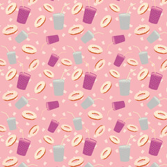 Donuts and drinks in paper mugs, party snacks, digitally illustrated seamless pattern