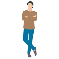 
A guy stylishly dressed up wearing denim upper, shoes and t shirt with chino jeans, looking away and presenting walking gesture 
