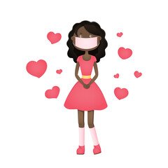 African girl in face mask and pink dress. Cartoon. Vector illustration.