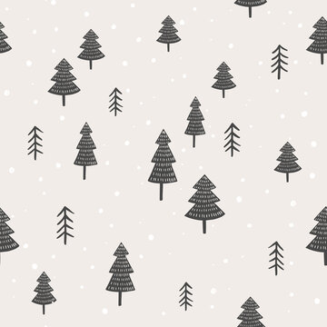 Scandinavian winter forest vector pattern. Hand drawn seamless backgorund With trees and snow.