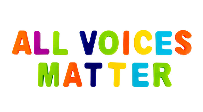 Text ALL VOICES MATTER on a white background