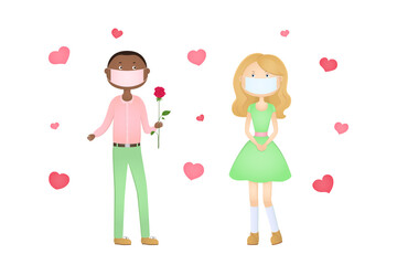 African boy in face mask give Caucasian girl a flower. Valentines Day 2021. Vector illustration.