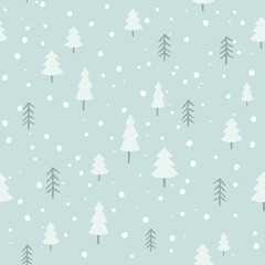 Winter forest vector pattern in scandinavian style. Woodland seamless print with trees and snow.