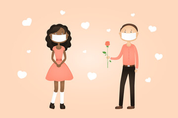 African-American man in face mask give Caucasian woman a flower. Valentines Day 2021. Vector illustration.
