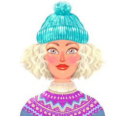 illustration of a hand-drawn portrait of a girl in a hat and sweater, with blond curly hair, looking at the camera. isolated drawing on white background