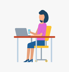 Woman sitting at table holding cup and using laptop, workplace and employee, portrait view of female working with wireless device, technology vector