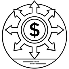 
Round coin with arrows heading in all directions conceptualizing budget spending icon 
