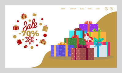Fototapeta na wymiar Reduction of price on products in online shop. Presents and gifts wrapped with decorative paper and tied with bow for winter Christmas holidays. Website or webpage template, landing page vector