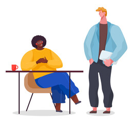 Office staff, work and communication. Head and subordinates. Various workers, managers team. Business employees on their workspace. Office workers. Co-workers. Colleagues discuss project teamwork