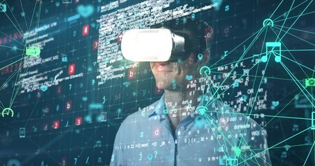 Cyber security data processing against man using VR headset - Powered by Adobe