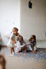 It's a boy, Balloon for gender reveal party, kids and bursting balloon for boy or girl party