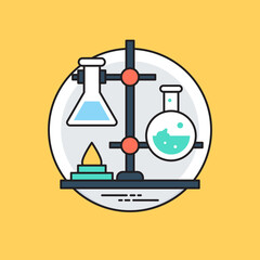 
A laboratory flask in flask clamp stand along with a hand pouring chemical into flask, lab experiment icon
