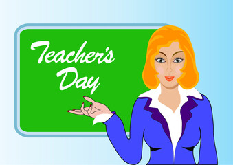 Illustration of a girl standing at the blackboard on which Teachers Day is written