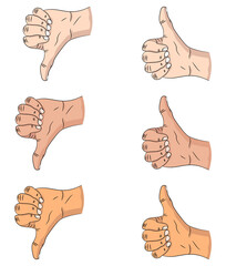 hand shows thumbs up. OK. NO. right male hand. set of icons isolated on white background. Vector illustration