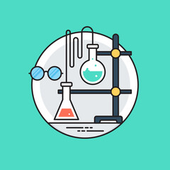 
A laboratory flask in flask clamp stand along with a hand pouring chemical into flask, lab experiment icon

