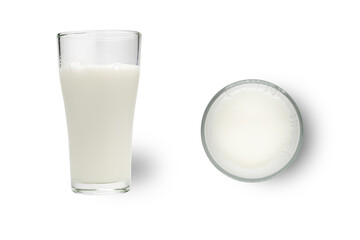 Milk in a glass at the front and top view, White milk is rich in protein and calcium on a white background. with background clipping path.