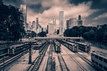 Fototapeta na wymiar Train yards in Chicago on a cloudy day