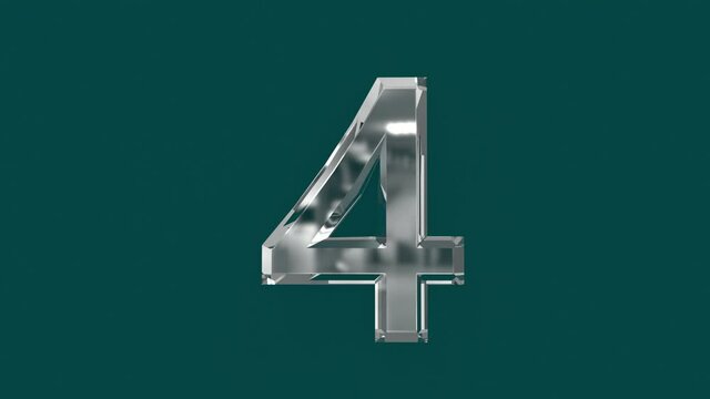 White shining glassy font or alphabet with moving reflection for words composing in your videos - number 4 isolated on green background, 60FPS 4K UHD 3D animation