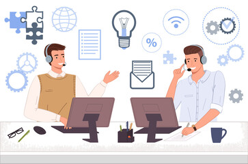 Characters male call center hotline. Men support workers, telephone service operators with headphone. Workplace of customer support manager near computer table on the background of various signs