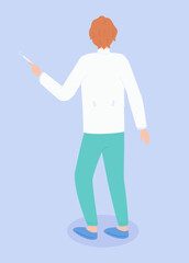 Doctor or physician wearing medical suit standing back. Therapist or specialist holding medical equipment in hand. Isolated cartoon character from back side in flat style. Medicine, medical staff