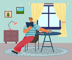 Young man sitting on chair and reading at home. Flat style male character at a table with coffee and books vector illustration. Spending time at home, relaxing after work, reading books, drinking tea
