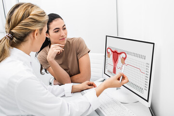 gynecologist communicates with her patient, indicating the menstrual cycle on the monitor. The reproductive specialist calculated the period of ovulation for the patient - obrazy, fototapety, plakaty