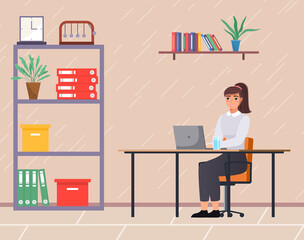 Office staff, manager work and communication. Office worker at the table. Business employees on their workspace. Co-worker. Business woman or a clerk working at his office workplace flat style