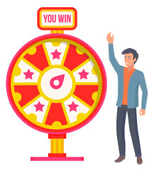 Gambling game winning and losing money playing fortune wheel. Male character spinning circle with stars and pointer. Emotional man winner of prize. Smiling personage gesturing in casino vector