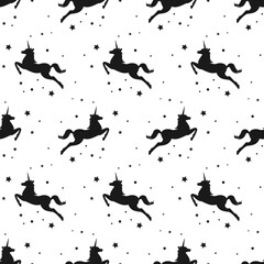 seamless fantasy pattern with unicorns, stars and dots. vector flat illustration.