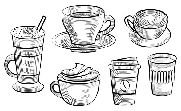 Coffee serving vector, isolated set of sketches outline. Bean on plastic container for beverage takeout, glass with straw layers of drink. Caffeine energy